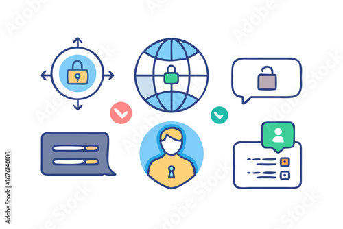 Digital security and privacy concepts illustrated with icons including global network and user protection