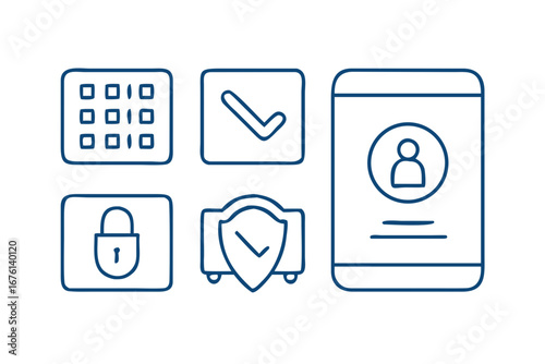 Digital security and privacy icons including binary code lock checkmark and user profile