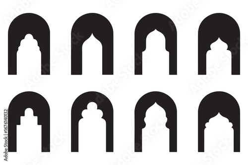 Set of oriental style Islamic windows. Black silhouettes of arches. Vector black silhouette. with white background