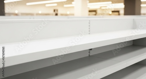 Clean empty white shelves in a modern retail store, symbolizing new beginnings, scarcity, or inventory issues