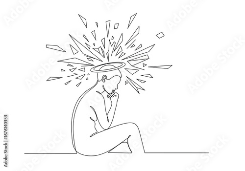 Person with halo and broken glass effect, line art