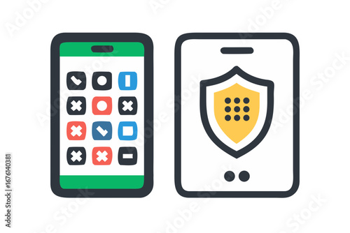 Two smartphones displayed side by side one with a calculator interface and the other showing a security shield icon