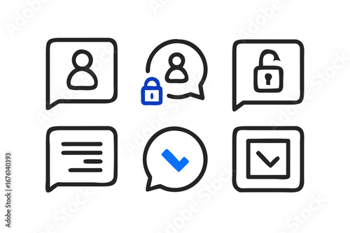 User account icons with lock unlock message and checkmark symbols on black background