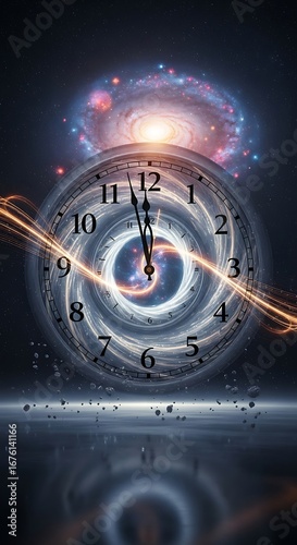 Abstract Clock with Galactic Space Scene and Time Distortion Art