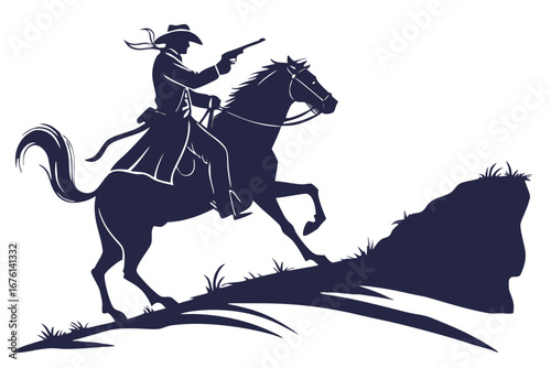 Lone Rider Silhouette: A stylized depiction captures a lone cowboy silhouetted against the sun, astride a rearing horse with a drawn pistol, embodying the adventurous spirit.