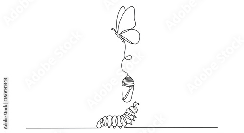 Butterfly emerging from chrysalis with caterpillar line art