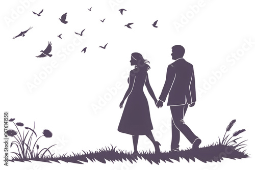 Silhouette of Couple in a Dreamy Walk: Two figures, hand-in-hand, embark on a romantic journey across a serene landscape.