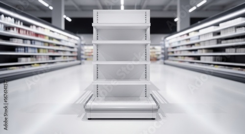 Empty white retail display shelf in a modern supermarket aisle with blurred grocery products background