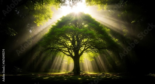 Majestic Tree with Sunlight Through Forest Canopy Spiritual Landscape