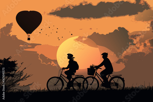 Cycling into Love's Embrace: Two silhouettes, joyfully cycling side-by-side as the sun dips below the horizon, with a heart-shaped balloon suspended above.