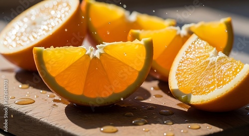 Fresh Orange Slices on Wooden Cutting Board with Sunlight Citrus Fruit