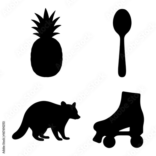 Silhouette image featuring a pineapple, spoon, raccoon, and roller skate on a white background design