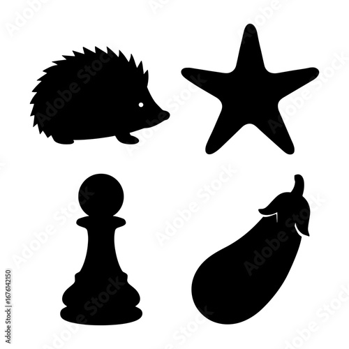 A collection of black silhouettes featuring a hedgehog starfish chess piece and an eggplant design element