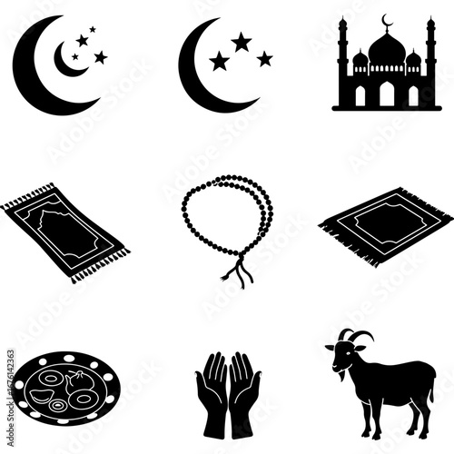 Illustration of islamic symbols including crescent moons, mosque, prayer beads, and prayer rugs in black