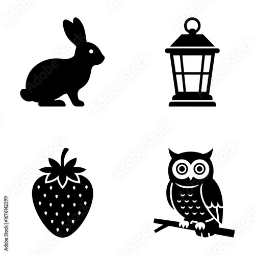 Illustration of a rabbit, lantern, strawberry, and an owl perched on a branch in black and white color