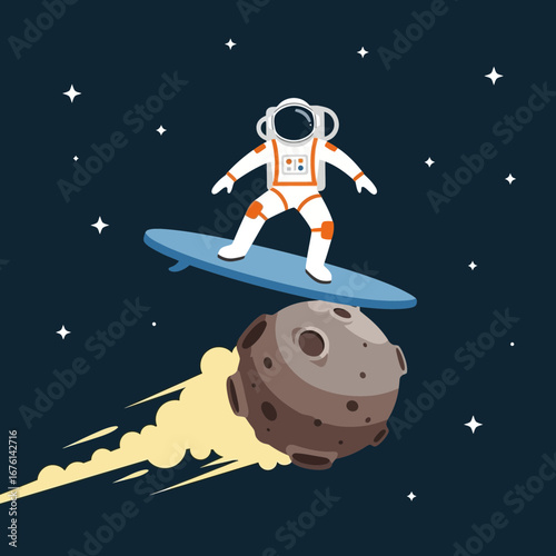 Astronaut surfs on a surfboard in space near a meteor.