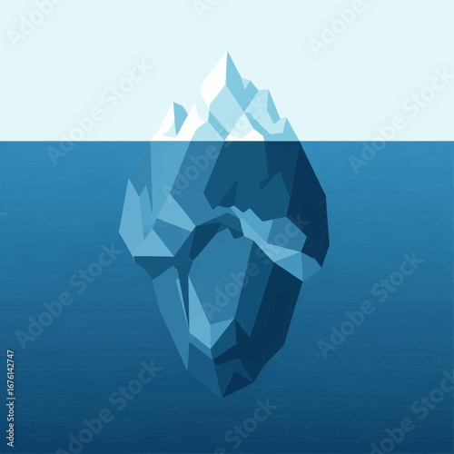 An iceberg floats in deep blue water with a clear sky above.