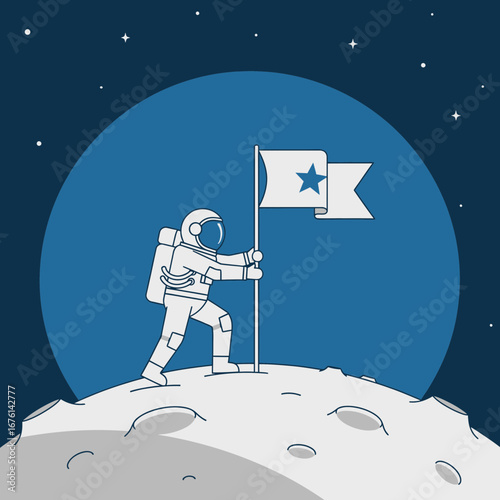 Astronaut plants flag on moon with Earth in background.