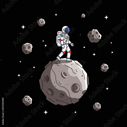 Astronaut standing on moon surrounded by asteroids in starry space.