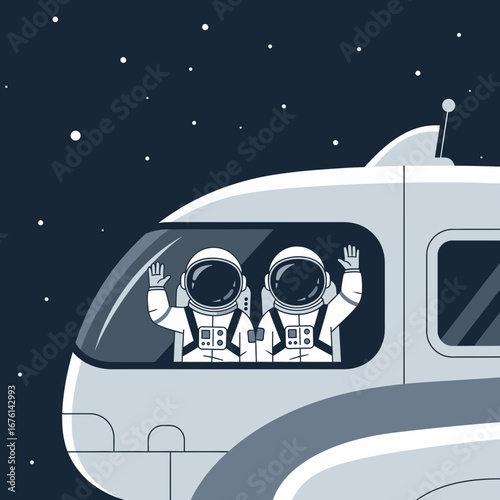Two astronauts wave from a spaceship cockpit against a starry sky.