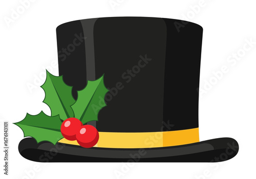 Vector art of black top hat with yellow band and holly berries