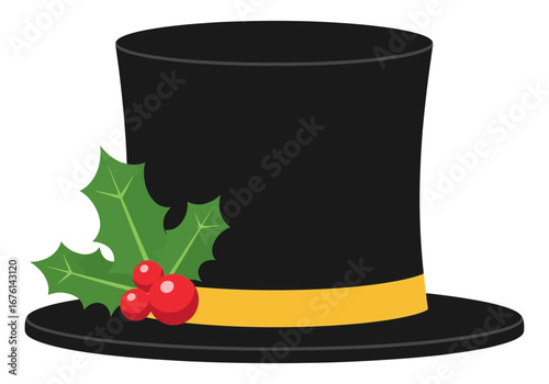 Vector art of a black top hat decorated with a yellow ribbon and holly with red berries