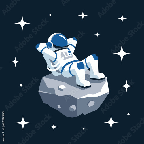 Astronaut relaxing on a rock in space surrounded by stars.