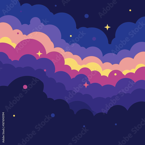 Colorful clouds and stars in a dark night sky.