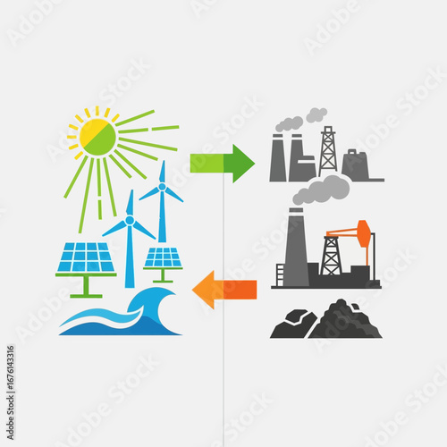 Renewable energy sources contrasted with fossil fuel industry pollution.