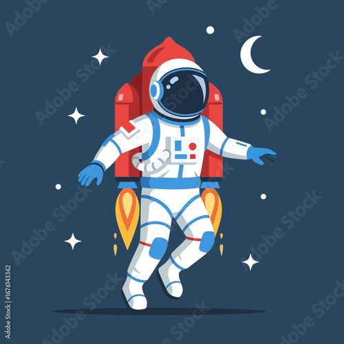 Astronaut in space with rocket pack and festive hat.