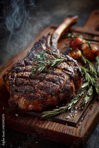 Grilled tomahawk steak on dark background for food advertising