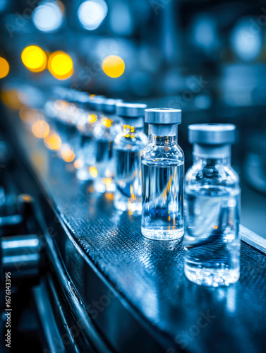 Medical vials on a conveyor belt in a pharmaceutical manufacturing facility