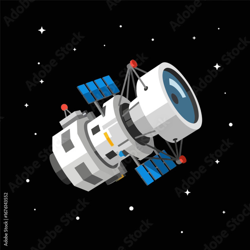 A white space telescope with solar panels orbits in dark space.
