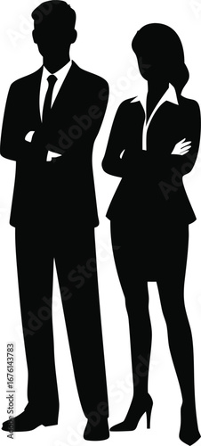 Professional business man and woman silhouettes standing confidently with arms crossed ready for success silhouette