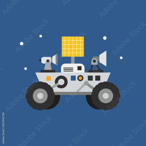 Space rover with solar panel exploring a starry blue expanse.