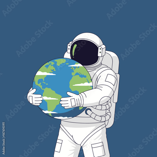 Astronaut holding planet earth against blue background