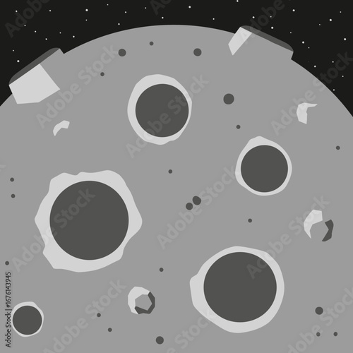 Close-up view of the moon's surface with craters against starry sky.