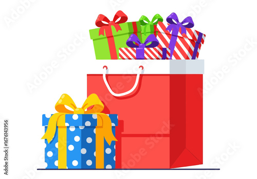 Vector art of a red shopping bag overflowing with colorful gift boxes, one blue gift box with yellow ribbon in front