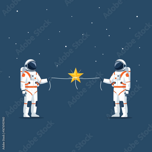 Two astronauts reach for a golden star in a starry night sky.