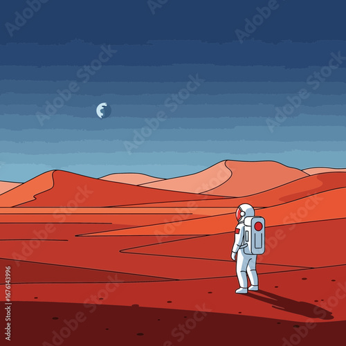 Astronaut explores a barren alien planet with a distant moon.