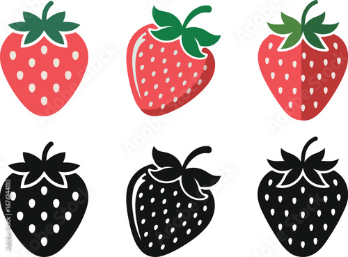 Minimal Strawberry Icon Set. Flat Vector Red Fruit Graphics