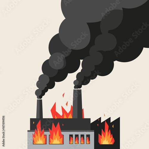 Factory with smoke and flames against a light background.