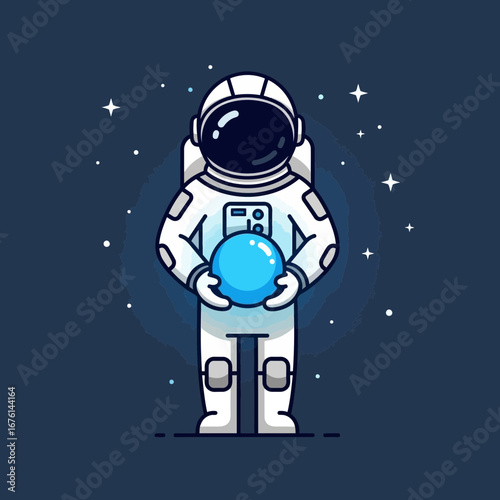 Astronaut in a white suit holds a glowing blue sphere in space.