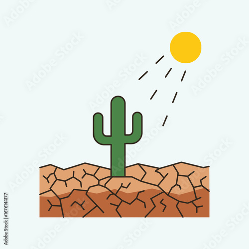 Cactus in dry cracked earth under a hot sun.