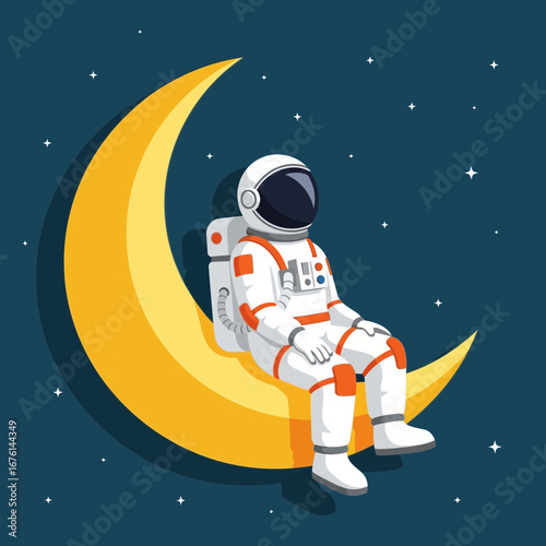 Astronaut sitting on a crescent moon against a starry night sky.