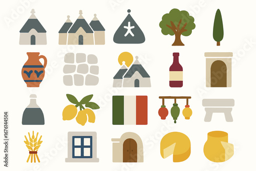 Alberobello Apulia Italy Icon Set Traditional Trulli Culture Travel Symbols