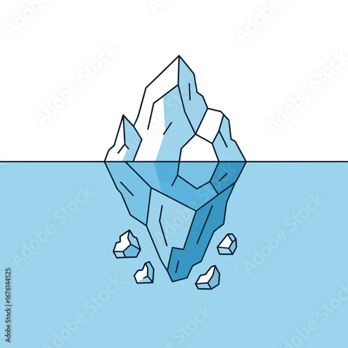 Iceberg partially submerged in blue water with smaller ice chunks.