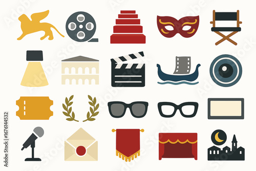 Film Festival Icon Set Cinema Movie Theater Entertainment Symbols Collection