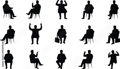 Businessman Silhouettes in Office Chair Poses, Corporate People Gestures Collection, Professional Male Character Vector for Presentation or Branding