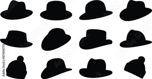 Collection of Black Silhouettes of Various Hat Styles, Including Fedoras, Beanies, Top Hats, and Other Fashion Accessories.
